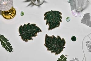 Handmade Beaded Leaf Bar Mats Set Of 3 Reusable Classic <b>Drinkware</b> <b>Accessories</b> Green Fabric Coasters - Product Image 2