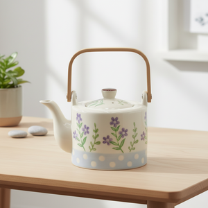 Théière en grès céramique de style nordique de qualité supérieure 3460937-0.65 avec couvercle à poignée en bois et motif floral estampé, capacité 650 ml - Product Image 1