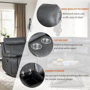 Poltrona Reclinabile Manuale Grigia con Portabicchieri e Vano Portaoggetti in PU per Soggiorno e Home Theater - Product Image 6