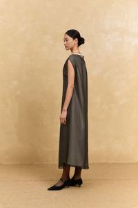 Maxi Robe d'été en Organza Transparent et Soie Tissée Coton, Coupe Ample Simple, Épaules Dénudées, Fente Latérale Asymétrique, Respirante, Décontractée, Élégante, Quotidienne, Minimaliste - Product Image 5