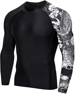 T-shirt Rash Guard à manches longues noir pour homme, imprimé Dragon Flower sur la manche droite, séchage rapide, Spandex/Polyester, pour BJJ, taille adulte, OEM - Product Image 1