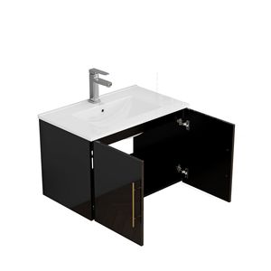 Meuble-lavabo mural noir brillant de 30 pouces avec doubles portes à fermeture douce, crochets et longues poignées métalliques dorées pour une installation facile - Product Image 6