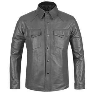 Men's Black Short Sleeve <b>Button</b> Down Collar leather <b>Shirt</b> Solid Color Satin Fabric Summer Wear - Product Image 1
