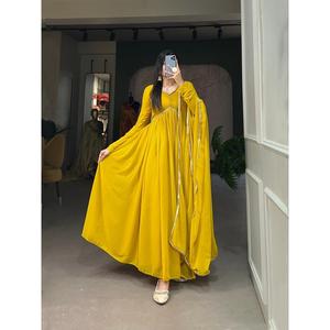 ชุดเดรสผ้าจอร์เจียแบบเรียบพร้อมลายปักลูกไม้ตัดลูกไม้ชุดกระโปรงสีเหลือง dupatta achkan/sherwani - Product Image 2