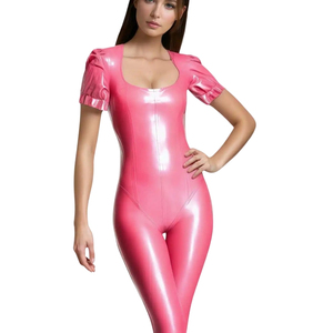 Mono de Mujer Rosa con Recubrimiento de PU, Manga Corta, Cuello Cuadrado, Manga con Volantes, Cintura Alta, Ajuste Ceñido, Largo Completo, Color Sólido, Ropa de Club - Product Image 3