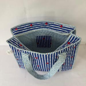 Blue Striped Heart Print Quilted Cotton Tote <b>Bag</b> Women <b>Boho</b> Shoulder Handbag Large Capacity Travel Shopping <b>Bag</b> - Product Image 3