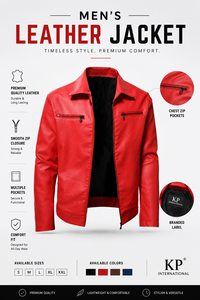 Men's <b>Red</b> Genuine Leather <b>Jacket</b> with Front Zip Closure | Classic Casual Fashion <b>Jacket</b> Premium Fashion Leather Outerwear - Product Image 3