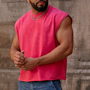 220GSM Cotton <b>Men's</b> Custom Subtle Acid Wash <b>Cropped</b> Tank <b>Top</b> Raw Bottom Hem Sleeveless Tees - Product Image 4