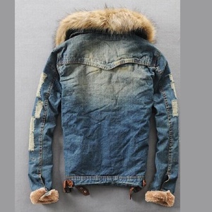 Men's Denim <b>Jacket</b> With Fur Hood Sherpa Lined Winter Coat Casual Streetwear Outwear <b>Thick</b> Washed Blue Slim Fit - Product Image 2