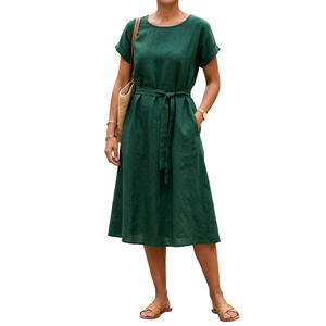 Robe d'été décontractée élégante pour femme, coupe ample, épaules tombantes, manches courtes, en lin, 100 % coton - Product Image 3