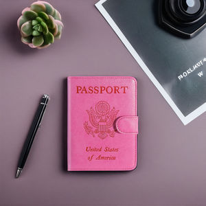 Unisex RFID Blocking Short PU <b>Leather</b> <b>Passport</b> Holder <b>Wallet</b> with Hook & Loop Closure Thread Pattern Satin Lining - Product Image 1