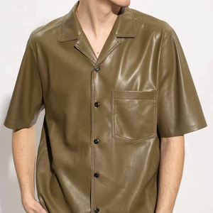 Mens Leather <b>Shirt</b> Straight Short Sleeve <b>Button</b> Front Top Daily Fashion Casual Gatherings Smart Style Looks Velour Anti-Wrinkle - Product Image 1