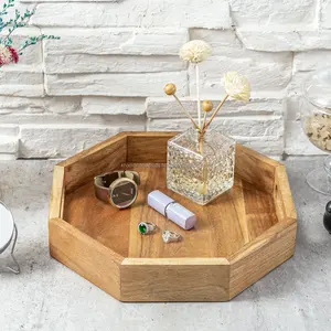 Bandeja de servicio de bambú de madera rústica vintage, bandeja redonda de café u otomana de un solo nivel para vajilla decorativa casera - Product Image 2