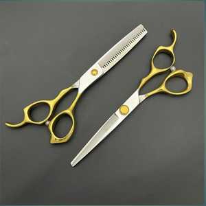 Tijeras de Peluquería Profesionales en Tono Dorado para Mascotas, Tijeras de Entresacar, Tijeras de Corte para Salón, Herramientas de Peluquería para Diestros - Product Image 1
