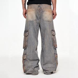 Pantalon cargo en denim délavé pour homme JAYCAN SPORTS, coupe régulière, multi-poches, streetwear, jambe large, coton mi-lourd, respirant - Product Image 2