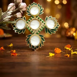Juego de Portavelas de Loto Verde Hechos a Mano, Soporte Decorativo Dorado para Diya, para Diwali, Bodas, Pooja y Decoración del Hogar, Arte de Mesa - Product Image 3