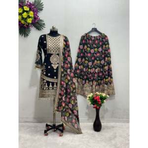 ชุดสูทงานเลี้ยงสวยงามสำหรับผู้หญิง พร้อมเสื้อพลาซโซพิมพ์ลายดิจิทัลและผ้าคลุมไหล่ - Product Image 1
