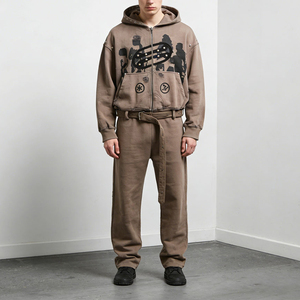 Oversized Distressed Zip Up Hoodie <b>Vintage</b> Washed Rivet Streetwear <b>Sweatshirt</b> for Men & Women - Product Image 2