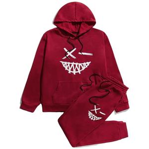 GLOWING <b>NEON</b> INDUSTRY Unisex Red Hooded <b>Tracksuit</b> Set Eco-Friendly Polyester Winter Fleece White Skull Print Full Sleeve - Product Image 1