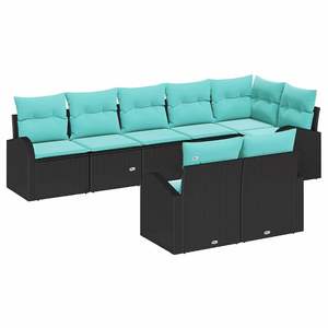 8 Piece Black Poly Rattan Garden <b>Sofa</b> Set Turquoise Cushions <b>Outdoor</b> Furniture Contemporary Design Weather Resistant - Product Image 2