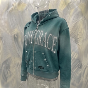 Snowgrace Hooded Zip-Up Sweatshirt <b>Rhinestone</b> Logo Oversized Fit Unisex Winter Style Knitted <b>Fabric</b> Green Color - Product Image 4