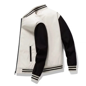 Chaqueta de béisbol bicolor personalizada, chaqueta bomber varsity blanca con mangas en contraste, abrigo informal con cremallera estilo streetwear. - Product Image 1