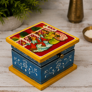 Handmade Wooden Square <b>Box</b> With Folk Art Painting Blue And Yellow Decorative Design Tabletop Collectible Art Piece - Product Image 4