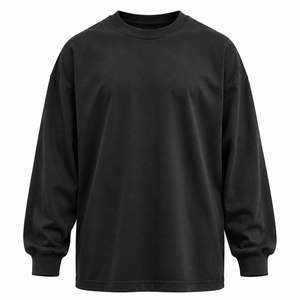 Men's Oversized <b>Long</b> Sleeve Cotton Crewneck <b>T</b>-<b>Shirt</b> Solid <b>Black</b> Casual Knitted Fit 1:1 High Version New Style - Product Image 3
