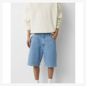 Shorts Bermuda en jean bleu clair pour homme, taille mi-haute, élastique, respirant, couleur unie, 100 % coton tissé, avec poches - Product Image 3
