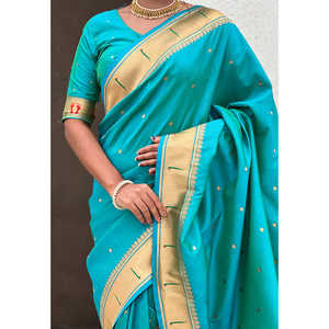 Sari en soie Paithani tissé Zari bleu aqua Elite Weaves, 650g, vêtements indiens et pakistanais - Product Image 3