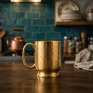 Mug en laiton pur gravé, design traditionnel artisanal, tasse à boire en laiton, objet décoratif, vaisselle pour la maison et la cuisine - Product Image 3