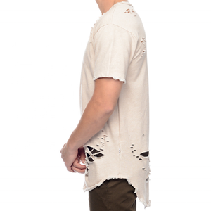 Camiseta de algodón 100% de color sólido con efecto desgastado para hombre, corte holgado, estilo vintage, informal, estilo urbano, con apariencia desgarrada, manga corta. - Product Image 3