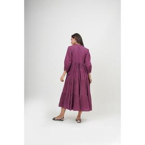 Robe longue trapèze violette faite main de haute qualité, col en V, manches courtes, en coton, style simple, taille naturelle, respirante, pour femme, idéale pour le printemps - Product Image 3