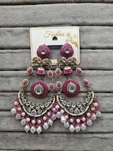 Lucentarts Jewel Green Meenakari Chandbali Jhumka <b>Earring</b> Pearl Beads <b>Dangle</b> <b>Earring</b> Traditional Indian Bridal Jewelry Wholesale - Product Image 4