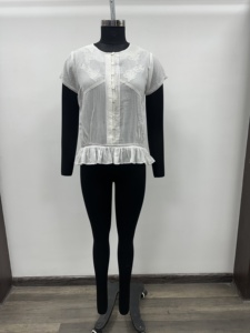 Chemisier d'été décontracté en coton blanc tissé à manches courtes, brodé, avec bas évasé et boutons sur le devant, taille naturelle, XS-5XL - Product Image 2