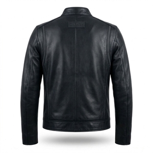 <b>Men</b> Real Black Leather Cafe <b>Racer</b> <b>Jacket</b> Stand Collar Zipper Biker Outerwear Wholesale Custom Manufacturer Supplier - Product Image 2
