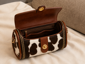 Sac en cuir à imprimé vache avec fermeture à boucle, motif noir et blanc, sac à main à bandoulière - Product Image 4