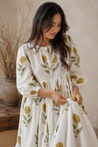 Jaipuri Block Print Floral 100% Cotton Midi <b>Kaftan</b> Dress Women Regular Fit Bohemian Natural Breathable <b>Summer</b> Beach Resort Wear - Product Image 6