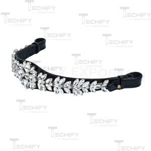 Fronture de luxe en cuir noir ornée de strass pour la décoration de bridons équestres - Product Image 2