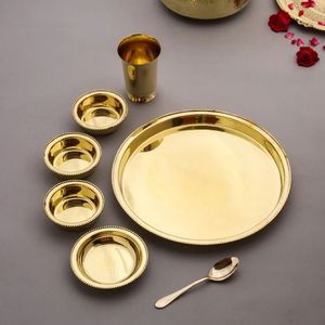 Traditional Brass Dinnerware Set with Thali Plate 2 Glasses 2 Bowls <b>Spoon</b> Indian Festive Table <b>Serving</b> Wholesale - Product Image 4