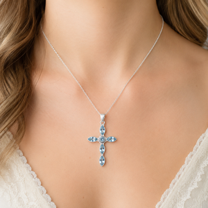 Colgante de Cruz de Plata de Ley 925 con Topacio Azul, Joyería Cristiana Hecha a Mano, Chapado en Oro Rosa de 18K y Oro Amarillo, Regalo para Mujer - Product Image 2