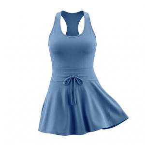 Women's Blue Sleeveless Tennis <b>Dress</b> With Drawstring Waist Fitted Sporty Style Summer Wear Moisture Wicking Breathable Quick Dry - Product Image 2