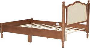 Cama de plataforma de madera de tamaño completo con acabado de nogal de diseño vintage con cabecero de ratán natural y panel de soporte de listones de madera maciza - Product Image 5