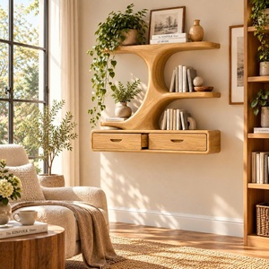 Estante de pared de madera Luxali contemporáneo, único y hecho a mano, con múltiples estantes y cajones para el hogar, la oficina, el estudio y la sala de estar. - Product Image 3
