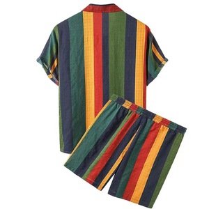 Conjunto de Camisa y Pantalones Cortos de Verano para Hombre, Camisa a Rayas Coloridas y Pantalones Cortos Transpirables de Algodón para Hombre - Product Image 2