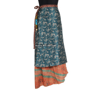 Designer Silk Double Layer Reversible Sarong Sari Magic Wrap <b>Skirt</b> From India <b>Boho</b> Stylish Multi Color Summer Wear Comfortable - Product Image 4
