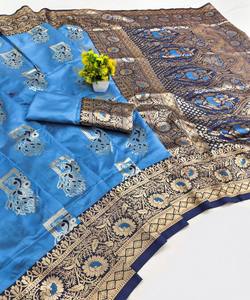 Sari de seda Banarasi con tejido Zari de aspecto lujoso, blusa sin coser, para fiesta, festivo, moderno, precio al por mayor, prenda étnica, azul - Product Image 1