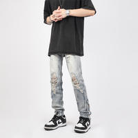 Jean en denim premium pour homme, taille mi-haute, coupe droite, en coton écologique, style streetwear, brodé, délavé clair, effet usé, pour l'été et le printemps