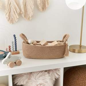 Panier de rangement ovale pour la maison avec poignée en cuir, en corde de jute tressée, pour le rangement des jouets dans la chambre d'enfant et la salle de bain - Product Image 2