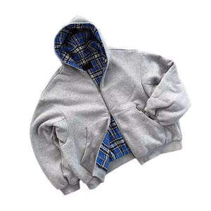 Sweat à capuche surdimensionné réversible en coton épais délavé à carreaux, avec fermeture éclair bidirectionnelle, anti-plis, coupe classique, style streetwear pour homme - Product Image 1